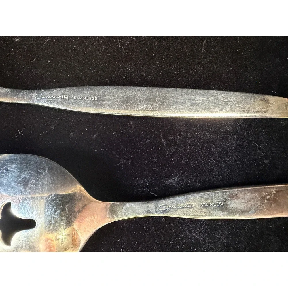 Oneida Community Stainless Frost Fire Pierced Serving Spoons Set of 2 Vintage